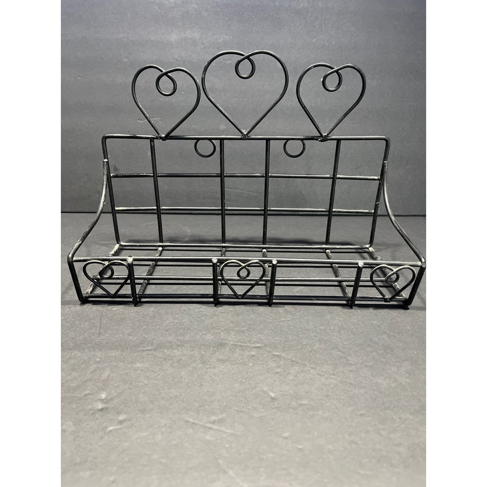 Vintage Black Metal Wire Wall Shelf Heart Scrollwork Farmhouse Decor Organizer